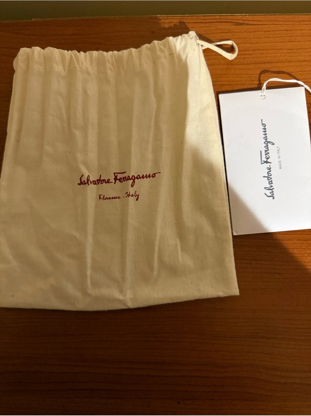 Salvatore Ferragamo cream drawstring dust bag with white tag 7’x7.5’